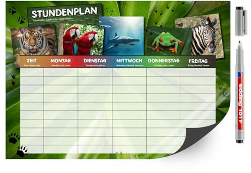 younikat Stundenplan magnetisch abwischbar I wilde Tiere bunt I inkl. Stift I wiederbeschreibbar I Einschulung I dv1224
