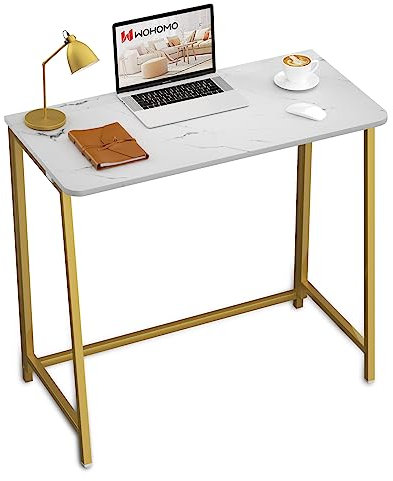 WOHOMO Weißer Klapptisch aus Kunstmarmor, 80 cm, kleiner Schreibtisch für kleine Räume mit goldenen Beinen, einfache Montage, faltbarer Computertisch, tragbarer Mini-Arbeitstisch für Heimbüro, Weiß