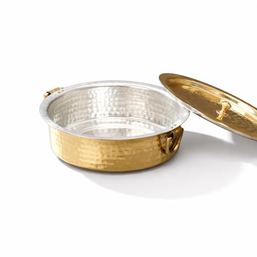 P•TAL Brass Lagan 6L, Tin Coated with Lid 100% Pure Brass Degchi for Cooking 3.2 kg Biryani Handi Ptal Utensils for Kitchen