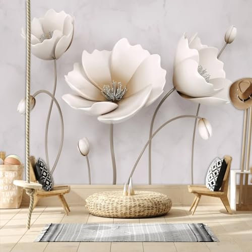 KoKoty Fototapete Seide 3d effekt weiße Blumen-250 x 200 cm-Wand Seidetapete Wohnzimmer Schlafzimmer Wandbilder XXL Wand Dekoration