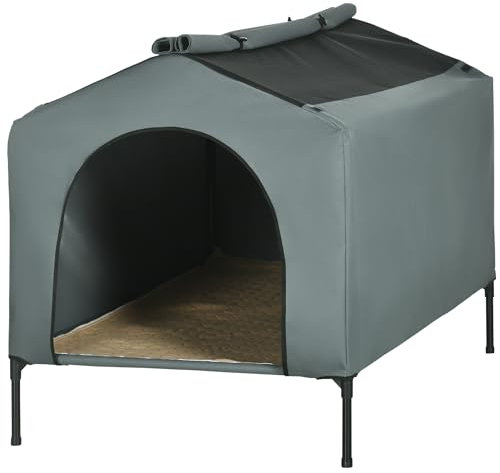 PawHut Caseta para Perros 110x75x87 cm Cama para Mascotas con Cubierta Exterior Cojín y Ventanas de Malla Enrollable para Perros Grandes Gris