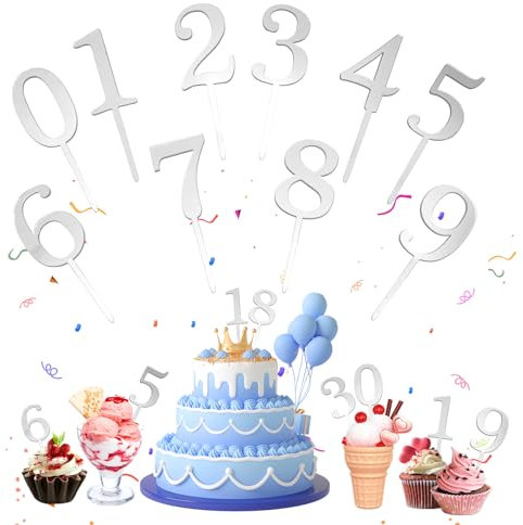 10 pcs Cake Topper Zahlen Acryl,Tortendeko Zahlen 0-9,Happy Birthday Tortendeko,Geburtstag Kuchen Deko,Wiederverwendbar Kuchen Topper für Geburtstagsfeiern,Hochzeitsparty(silbrig)