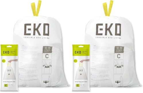 EKO Müllbeutel Größe C (10L- 15L), extra starke Müllsäcke mit Zugband für Küchenmülleimer, 20 Beutel, 1 Packung, weiß, reißfeste Mülltüten für sicheren Halt am Mülleimer (Packung mit 2)