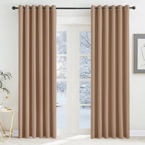 KGORGE Extra Breite Gardinen Wärmeisolierend Ösenvorhang Blickdicht 2er Set 220 x 200 cm(HxB) Thermovorhang Hitzeschutz Schlafzimmer Verdunklungsvorhänge Cappuccino