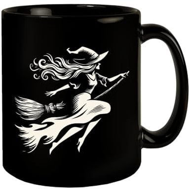 Junge Hexe auf einem Besen Tasse schwarz in Schwarz Halloween KaffeeTasse schwarz Magische Zauberin fliegt Mystische Hexerei Zauberei Broomstick Mug für Fans von Flug Magie