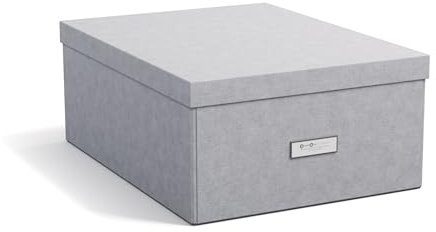 BIGSO KATRIN große Aufbewahrungsbox mit Deckel – stabiler Organizer aus Faserplatte und Papier in Leinenoptik – praktische Faltbox mit Etikettenrahmen – hellgrau