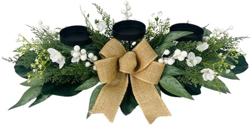 Kerzenhalter für Frühling und Sommer, 3 Dochte, Kerzenhalter mit Schleierkraut, künstliche Magnolie, Eukalyptusblätter, künstliche Freesie und Stechpalmenbeeren als Tischdekoration