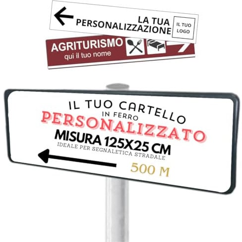 Cartello Stradale con testo e logo, personalizzato per uso esterno, in ferro, 125 x 25 cm, insegna stradale personalizzabile, per indicazioni pubblicitaria, segnaletica, resistente alle intemperie