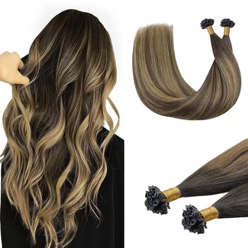 DOORES U Tip Human Hair Extensions, 16 Inch 50g/50s, Balayage Chocolate Brown to Caramel Blonde Fusion