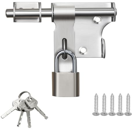 SAYAYO Gate Latch Bolt Lock with Padlock & 4 Keys Gate Locks for Wooden Gates Garden Shed Locks, Stainless Steel Brushed Nickel, EMS320LS-SET