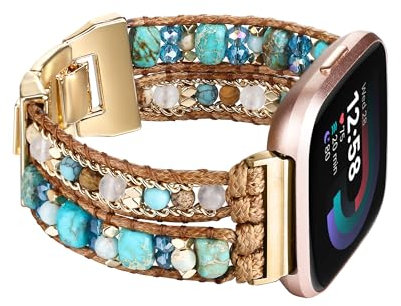 Wingoden Bracelet Bands Compatible with Fitbit Versa 4/3/Sense 2/Sense Band for Women, Leather Beaded Watch Strap Natural Stone Wrap Boho Watch Band for Fitbit Versa 4 Band Replacement, Blue Beads
