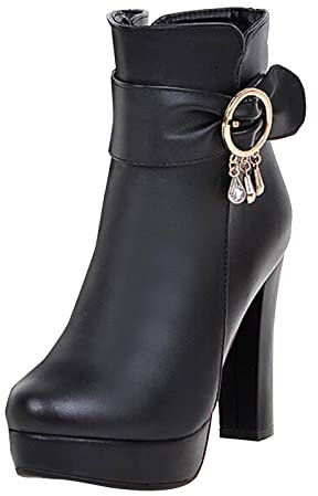 Stivaletti da donna con tacco alto, sexy, con plateau, con cerniera laterale, impermeabili, in vera pelle, antiscivolo, corti, da passeggio, eleganti e classici, Nero , 38 EU