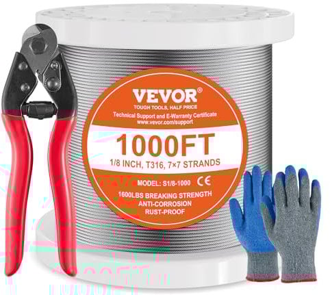 VEVOR Câble Acier Inoxydable, 3,18 mm x 305 m, Câble Métallique Inox 316 Tressé 7x7 Qualité Aéronautique Marine avec Coupe-fil, Gants, Résistance de Rupture 7,1 kN, pour Garde-corps, Clôture, Rampe