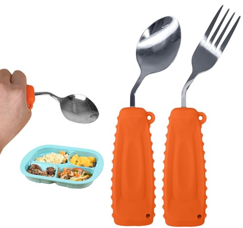 Adaptive Utensilien, gewichtetes Besteck für Zitternde und Parkinson-Patienten, Utensilien für ältere Menschen, Set Löffel und Gabel (Orange-Links)