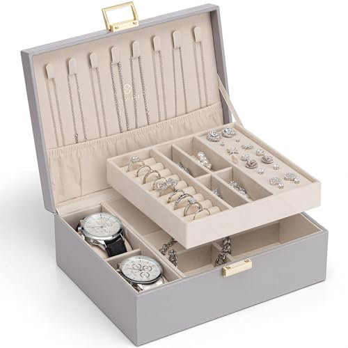 Vlando Jewellery Box, 2 Layer Jewellery Organiser with Watch Pillow, Jewellery Storage Case for Necklace,Bracelets, Earring Storage Organiser, Gift for Women,Grey