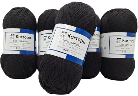 Sockenwolle Strumpfwolle einfarbig 4 fädig - 5x100gr Sparset - Strumpfwolle ist filzfrei und maschinenwaschbar, Lauflänge per Knaul 420m / 100gr - Farbe: (schwarz)