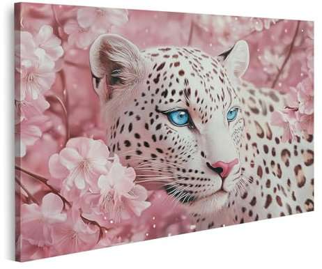 islandburner Prime Bild auf Leinwand Leopard mit blauen Augen unter rosa Blüten Bilder Wandbilder Poster