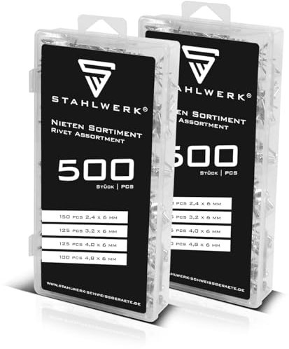 STAHLWERK Nieten Sortiment 1000-teilig | Blindnieten Set in praktischer Kunststoffbox | Nieten aus Aluminium in 4 verschiedenen Größen | Popnieten zur Verwendung mit Nietzangen