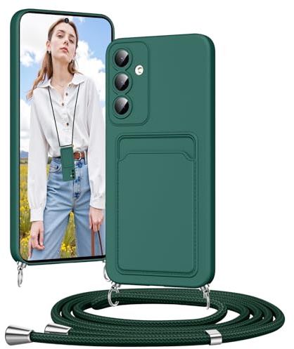 Vauki Handyband Silikon Hülle für Samsung Galaxy A55 mit Band, Handyhülle mit Kartenfach, Abnehmbar Einstellbar Kordel Kette zum Umhängen, Stoßfeste Schutzhülle Case für Schnur (Dunkelgrün)