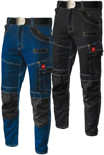 Art.Master Arbeitshose Jeans Herren Blau Größe L - Stretch Jeanshose mit 11 Taschen Zollstocktasche - Arbeitshosen Cargo Männer für Gartenarbeit Heimwerker Kfz-Werkstatt Renovierung Auto