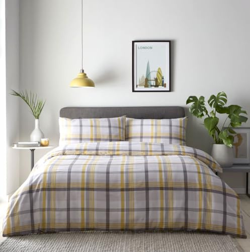 HOMEMAKER BEDDING Check Duvet Cover Bed Set Ochre Yellow Tartan Print (Single)