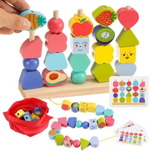 worahroe Montessori Spielzeug ab 2 3 4 Jahre, Geschenk für 2-4 Jahre, Fädelspiel Bausteinen Motorikspielzeug Holzspielzeug mit Steckspiel, Geschenk für Kleinkinder Geburtstag, Halloween, Weihnachten