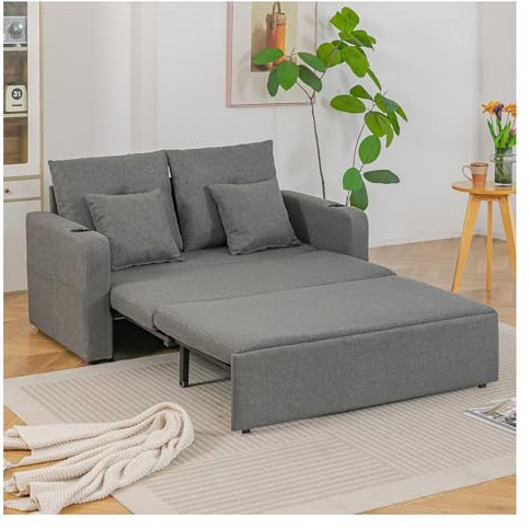 INMOZATA Multi-Functional Convertible Sofa Bed with Cup Holders & Storage Pockets, Linen Fabric Pull Out Sofa Bed with 2 Pillows,180x147cm,for Small Apartment/Dorm (Grey)