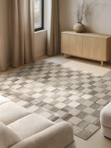 vikosa Boho 1.0 - Wollteppich Quadra, Handgemacht & Natürlich, Wohnzimmerteppich, Geometrisches Design, Kurzflor, Hygge, Skandi, Teppich für Wohnzimmer,Schlafzimmer - Natur Creme Braun, 120x180 cm