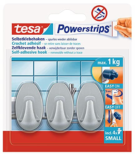 tesa Powerstrips Haken Small Oval - Selbstklebender Wandhaken für Glas, Kacheln, Holz, Kunststoff und andere Untergründe - Kunststoff, Matt-Chrom