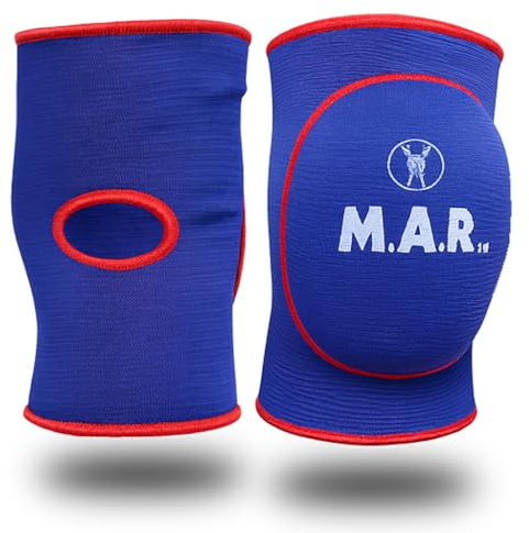 MAR | Blue Elasticated Knee Pads for Protection and Combat Sports, Martial Arts Knee Support for Men and Women, Karate Knee Support Brace, Taekwondo Protectors, MMA Knee Pads for Adults (L)