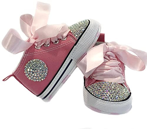 Brillabenny Scarpe Scarpine Strass 3-6 Mesi Bimba NEONATA Rosa Personalizzate con Cristalli Aurora BOREALE Baby Shoes Luxury 11CM