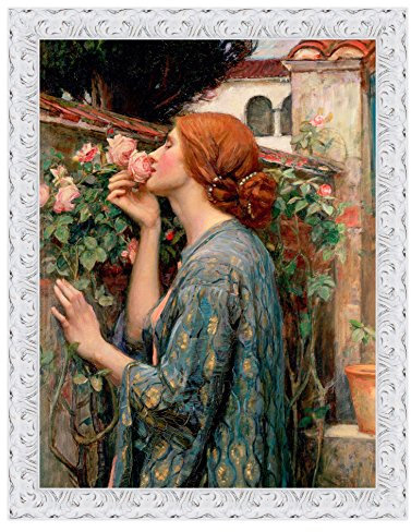 Quadro Stampa su Tela John William Waterhouse The Soul of The Rose con Cornice in Legno Bianco Anticato Misura 83x63 CM