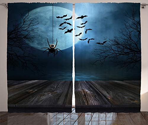 ABAKUHAUS Halloween Rustikaler Vorhang, Seeszene Fledermaus, Wohnzimmer Universalband Gardinen mit Schlaufen und Haken, 280 x 225 cm, Braun Blau