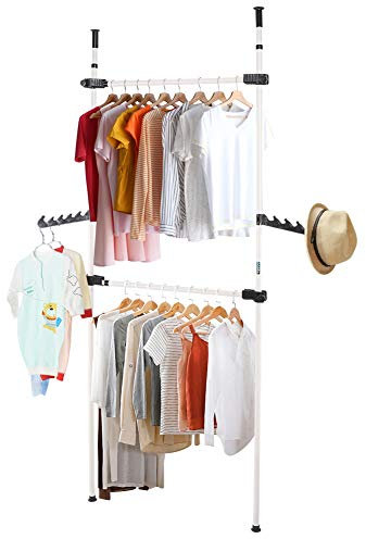 DIY Telescopic Wardrobe Organiser Garment Rack Clothes Tidy Rail, Heavy Duty Garment Rack, 2 Poles 2 Bars Telescopic Coat Hanger, Hanging Tidy Rail, 281-329cm Height Width Adjustable Clothe Rail