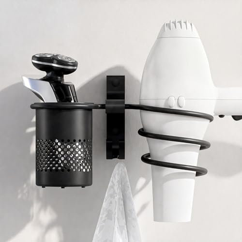 Heilmetz 2 in 1 Haartrocknerhalter Schwarz Fönhalter ohne Bohren Haartrockner Halter Lagerregal mit Haken+Korb, Bohren oder Selbstklebende Föhn Halterung für Haarpflegewerkzeuge Lockenstab