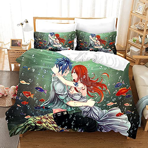 PTNQAZ Anime Fairy Tail Bettwäsche-Set für Kinder, Bettbezug-Sets mit Kissenbezügen, Cartoon-Heimtextil-Dekor, Bettwäsche für Jungen und Mädchen (ohne Bettlaken) (Einzelbett)