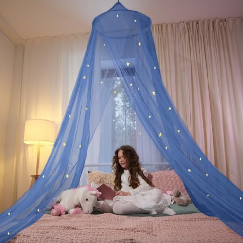 Blaues Himmelbett, Blauer Betthimmel mit im Dunkeln leuchtenden Sternen für Mädchen, Jungen, Kinder und Babys, Netz, um das Baby, Kinderbett, Mädchenbett oder großes Bett abzudecken, feuerhemmender