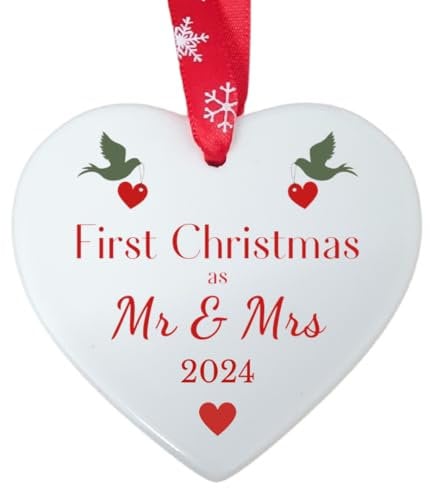Second Ave First Christmas as Mr & Mrs White Ceramic Hanging Heart Christmas Xmas Tree Decoration Bauble
