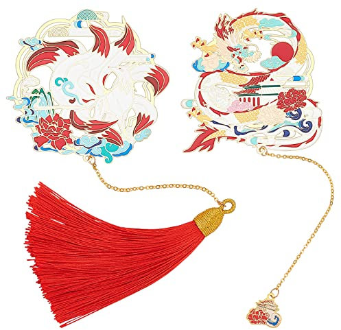 GORGECRAFT 2 Stück Vintage-Lesezeichen Aus Metall Im Chinesischen Stil, Drachen-Fuchs-Design, Anhänger, Lesezeichen Mit Quasten Für Leser, Busen, Freunde, Familie