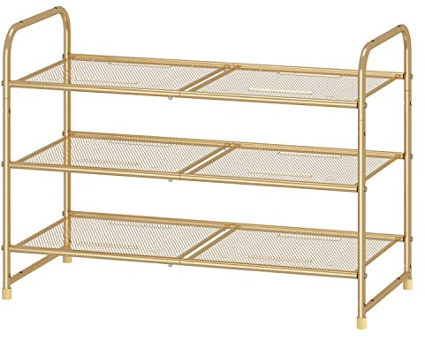 Simple Trending 3-Tier Stackable Shoe Rack, Expandable & Adjustable Shoe Shelf Storage Organizer, Metal Mesh, Gold