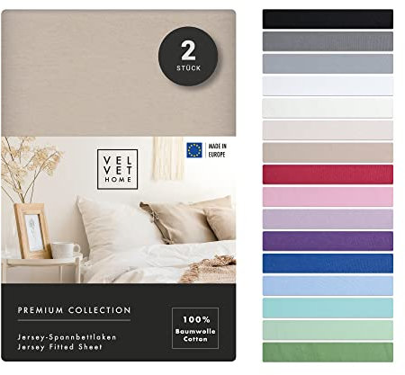 VelvetHome Doppelpack Spannbettlaken 90x200cm 100% gekämmte Baumwolle Made in EU Jersey Bettlaken 90x200 bis 25 cm Matratzenhöhe Spannbetttuch 90x200 Premium Qualität Schönen Farben Cappuccino