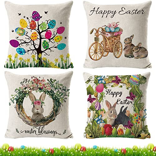 Qunkun 4 Stück Osterhase Kissenhülle, Dekorative Kissenbezüge für Ostern Haus Dekoration Party