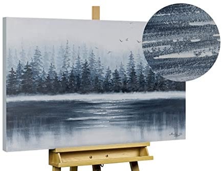 KunstLoft Leinwandbild | 100% HANDGEMALT | 100x75cm | Gemälde 'Tannen im Nebel' | Wald & Bäume | Blau Weiß | Wandbild Wohnzimmer