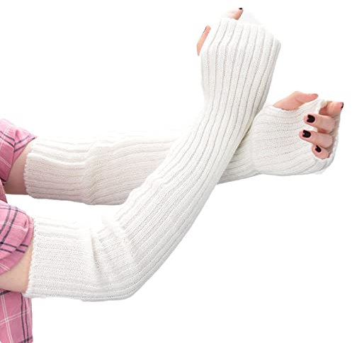 AWOCAN Lange Fingerlose Handschuhe - Weiche Winter Warme Armstulpen Mit Daumenloch - Gestrickt Warm Weben (Weiß)