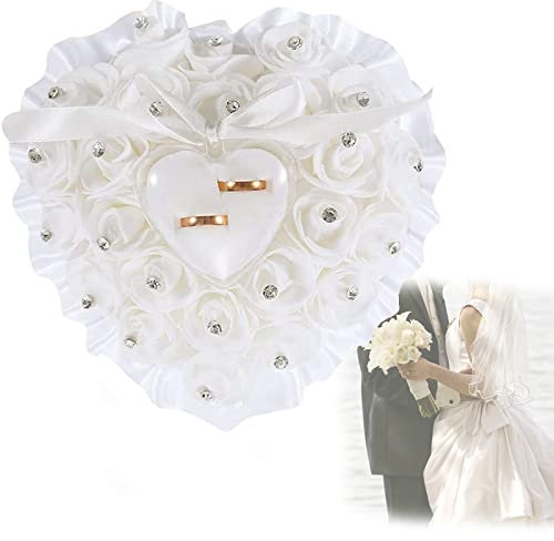 Gfamous Cuscino per anelli da matrimonio,Cuscino Matrimonio Fiori,Cuscino per Fedi Nuziali,Cuscino per Anelli e Anelli con Bellissimo Fiocco e Perla Simulazione,bomboniera San Valentino 18 x 19 cm
