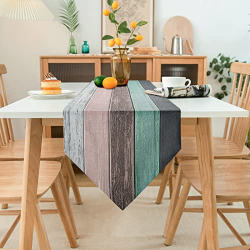 Tischläufer Leinen Farbiger Streifen Türkis Bauernhaus Rustikal Retro Scheune Holz Textur Blaugrün 33x183cm Jute Tischläufer für Esstisch Bauernhaus Party Picknick Kostenlose Küchendekoration
