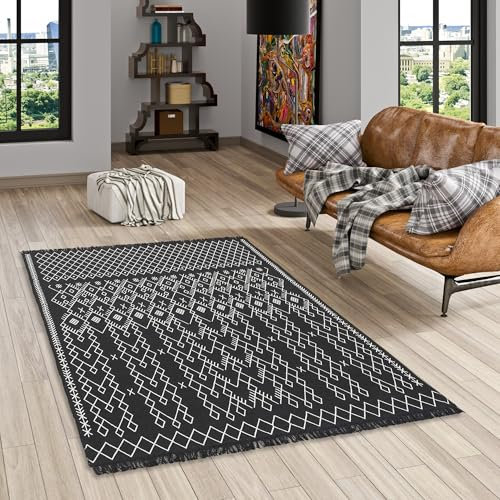 Pergamon Designer Teppich Beidseitig Flachgewebe Ethno Kelim Schwarz Weiss, Teppich Läufer, Teppich Pflegeleicht und Waschbar in 5 Größen