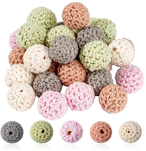 30 Stück Häkelperlen, 16mm Gehäkelt Holzperlen zum Auffädeln, Perlen mit Loch Ketten Selber Machen Set, Armbänder Selber Machen Erwachsene, Wooden Beads für DIY Schmuck Herstellung