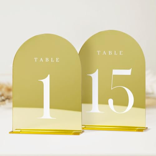 JINMURY Goldene Hochzeitstischnummern 1-15 mit Ständer, 15 Stück, 12,7 x 17,8 cm, goldfarben, verspiegelt, Acrylbogen mit Ständer, Acrylbogen, Tischnummern für Hochzeitsempfang