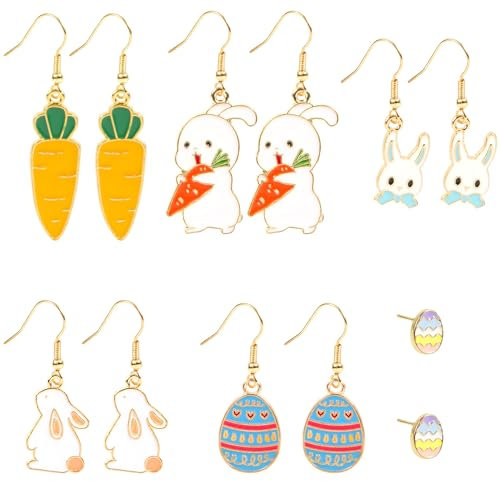 6 Paar Oster-Ohrringe für Damen, Niedliche Karotten-Häschen-Ohrringe Baumelnde bunte Eier-Ohrringe Ohrstecker Emaille Frühlings-Feiertags-Ohrringe Schmuck Geschenk für Mädchen Teenager